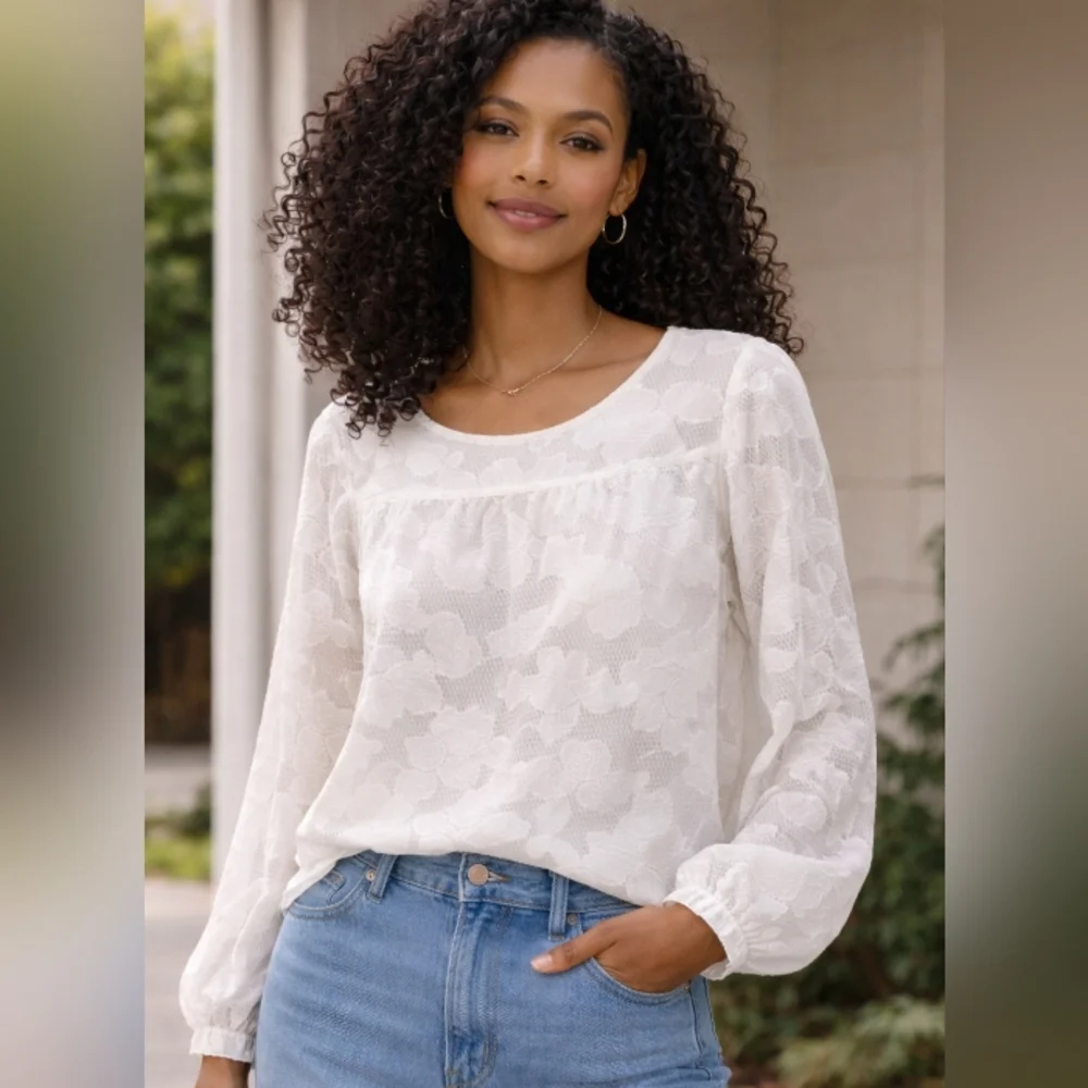 Banana Republic Ivory Floral Lace Long-Sleeve Blouse